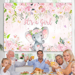 Lofaris Pink Floral And Elephant Its A Girl Baby Shower Backdrop