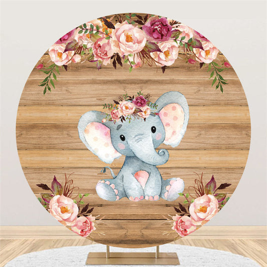 Lofaris Pink Floral And Elephant Round Log Baby Shower Backdrop