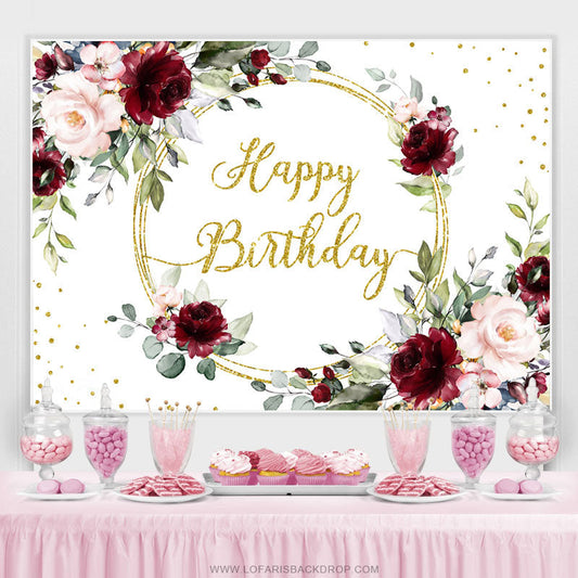 Lofaris Pink Floral And Gold Glitter Happy Birthday Backdrop
