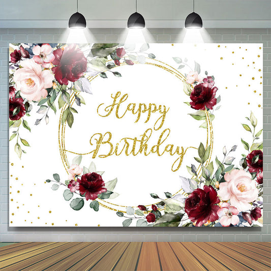 Lofaris Pink Floral And Gold Glitter Happy Birthday Backdrop