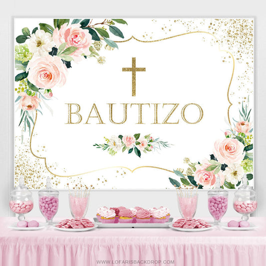 Lofaris Pink Floral And Gold Glitter Bautizo Baby Shower Backdrop