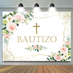 Lofaris Pink Floral And Gold Glitter Bautizo Baby Shower Backdrop