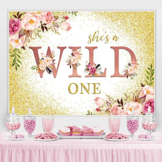 Lofaris Pink Floral And Gold Glitter Wild One Birthday Backdrop