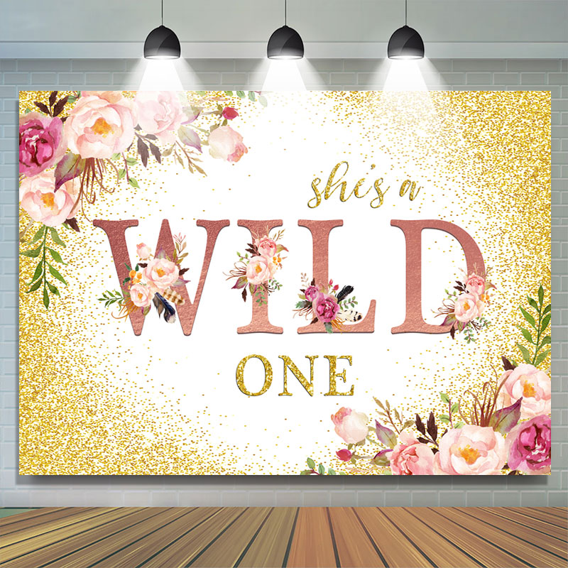 Lofaris Pink Floral And Gold Glitter Wild One Birthday Backdrop