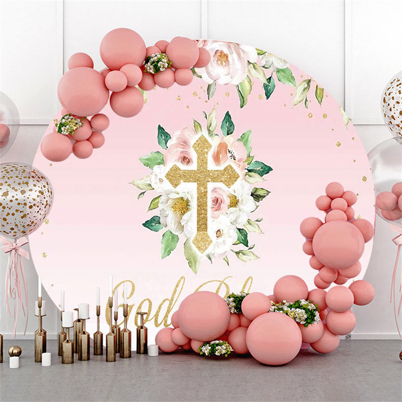 Lofaris Pink Floral And Gold God Bless Round Baby Shower Backdrop