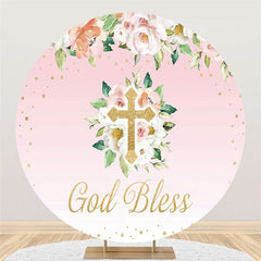 Lofaris Pink Floral And Gold God Bless Round Baby Shower Backdrop