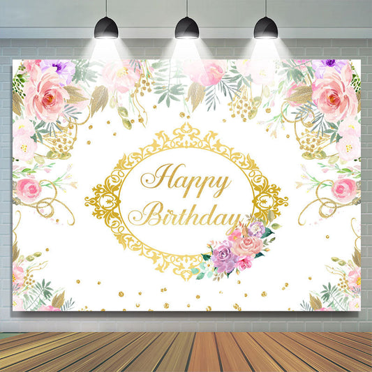 Lofaris Pink Floral And Gold Happy Birthday Backdrop Banner