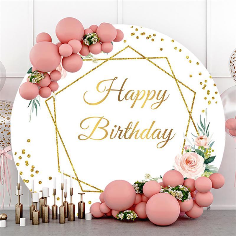 Lofaris Pink Floral And Gold Happy Birthday Round Backdrop