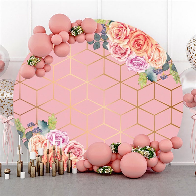 Lofaris Pink Floral And Gold Line Round Birthday Party Backdrop