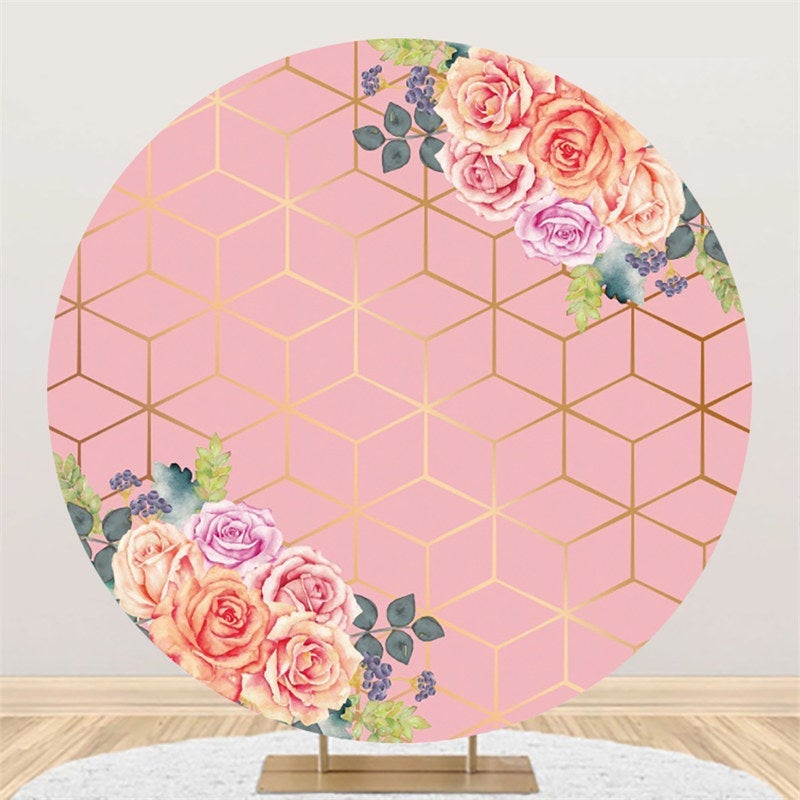 Lofaris Pink Floral And Gold Line Round Birthday Party Backdrop
