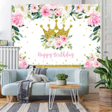 Load image into Gallery viewer, Lofaris Pink Floral and Golden Crown Happy Backdrop for Girl