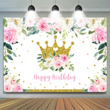 Load image into Gallery viewer, Lofaris Pink Floral and Golden Crown Happy Backdrop for Girl