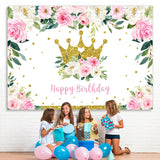 Load image into Gallery viewer, Lofaris Pink Floral and Golden Crown Happy Backdrop for Girl