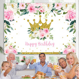 Load image into Gallery viewer, Lofaris Pink Floral and Golden Crown Happy Backdrop for Girl