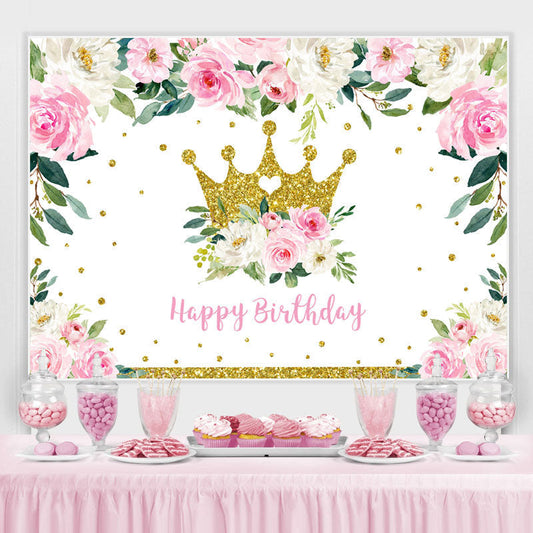 Lofaris Pink Floral and Golden Crown Happy Backdrop for Girl