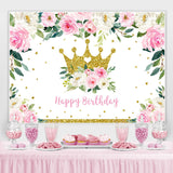 Load image into Gallery viewer, Lofaris Pink Floral and Golden Crown Happy Backdrop for Girl
