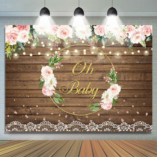 Lofaris Pink Floral And Golden Glitter Baby Shower Backdrop