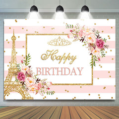 Lofaris Pink Floral And Golden Glitter Birthday Party Backdrop