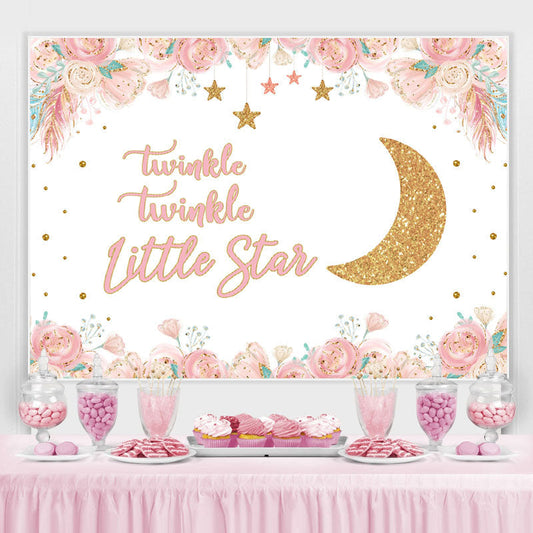 Lofaris Pink Floral And Golden Moon Stars Backdrop For Children