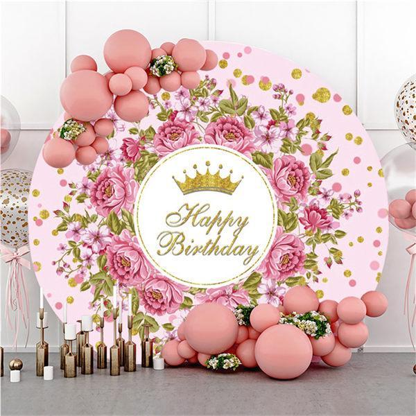 Lofaris Pink Floral And Golden Round Happy Birthday Backdrop