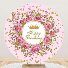 Lofaris Pink Floral And Golden Round Happy Birthday Backdrop