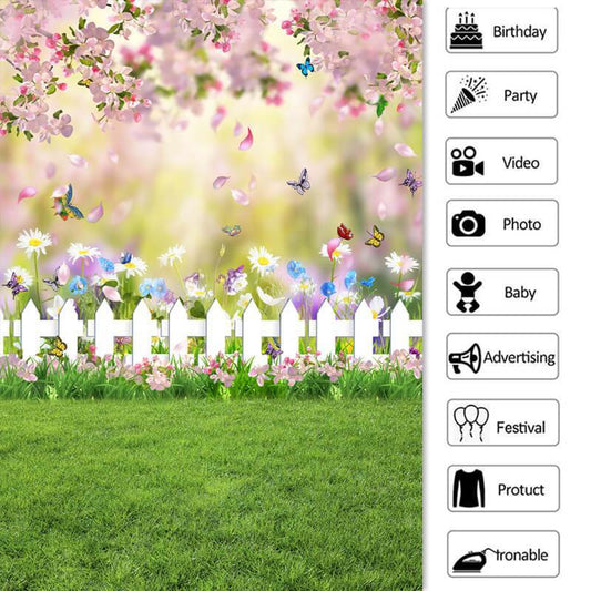 Lofaris Pink Floral And Green Grassland Spring Theme Backdrop