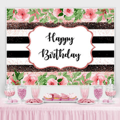Lofaris Pink Floral And Green Leaves Glitter Birthday Backdrop