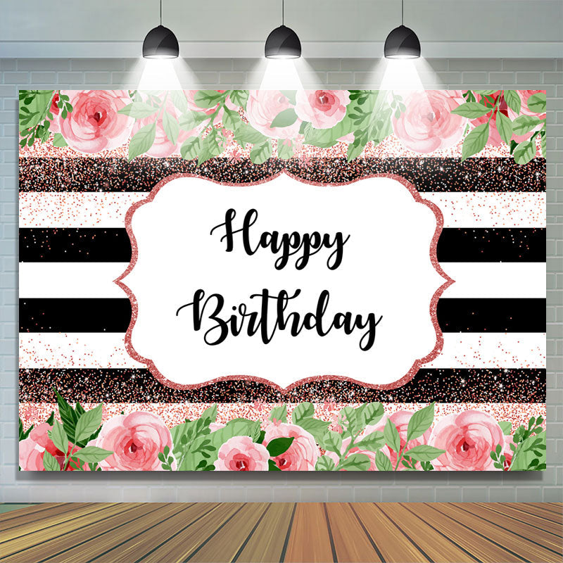 Lofaris Pink Floral And Green Leaves Glitter Birthday Backdrop