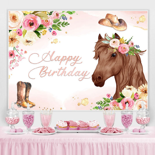 Lofaris Pink Floral and Horse Cowboy Themed Birthday Backdrop