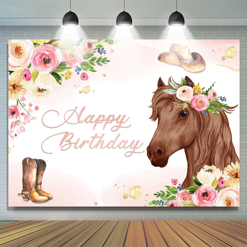 Lofaris Pink Floral and Horse Cowboy Themed Birthday Backdrop