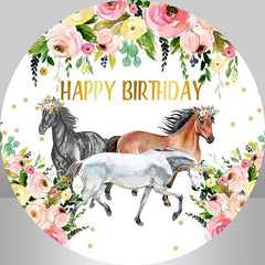 Lofaris Pink Floral And Horse Round Happy Birthday Backdrop