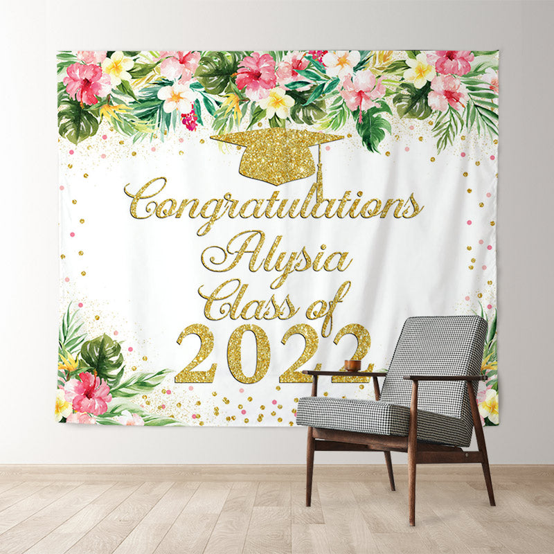 Lofaris Pink Floral And Leaves Gold Glitter Class Of 2022 Backdrop