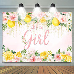 Lofaris Pink Floral and Lemon Its A Girl Baby Shower Backdrop