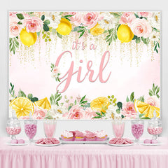 Lofaris Pink Floral and Lemon Its A Girl Baby Shower Backdrop