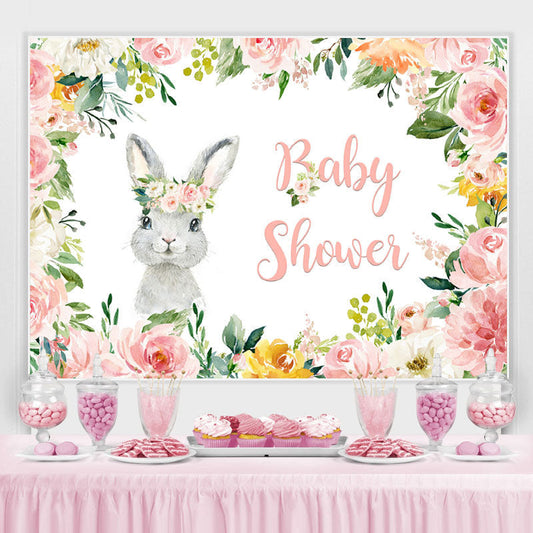 Lofaris Pink Floral And Little Bunny Theme Baby Shower Backdrop