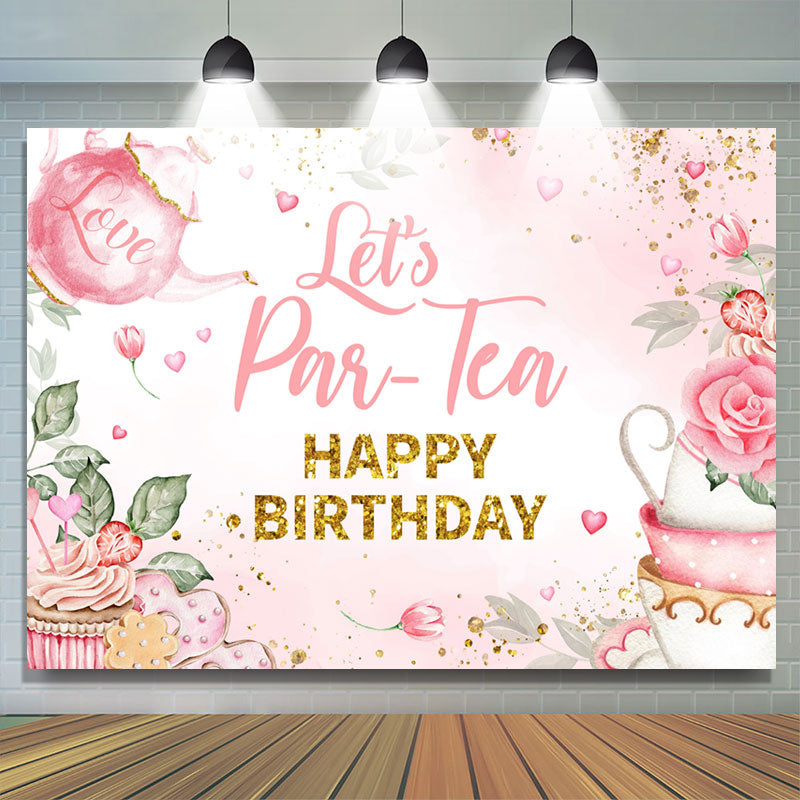 Lofaris Pink Floral And Love Tea Glitter Birthday Backdrop