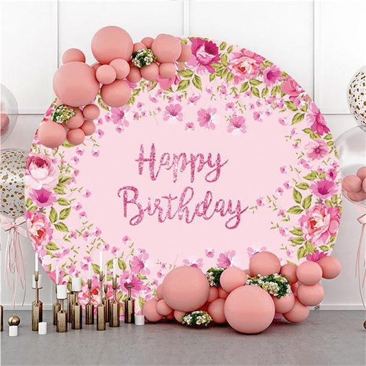 Lofaris Pink Floral And Custom Round Birthday Backdrop