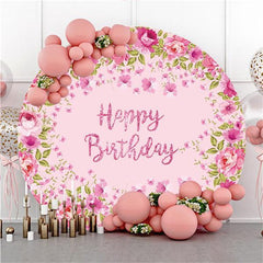 Lofaris Pink Floral And Custom Round Birthday Backdrop