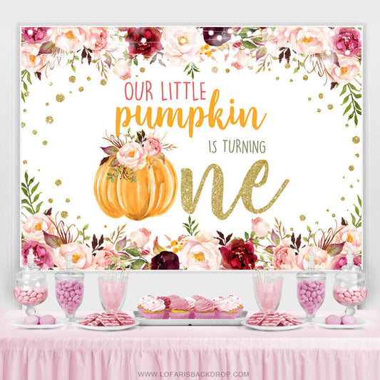 Lofaris Pink Floral And Pumpkin Glitter 1st Birthday Backdrop