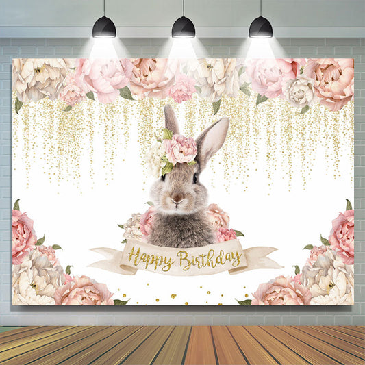 Lofaris Pink Floral And Rabbit Glitter Happy Birthday Backdrop
