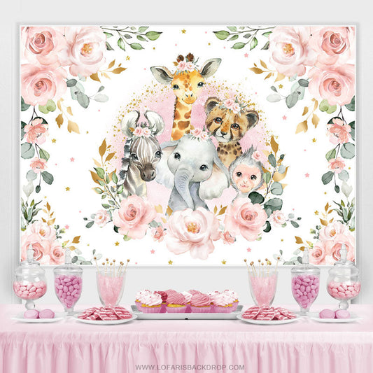 Lofaris Pink Floral And Safari Animals Baby Shower Backdrop