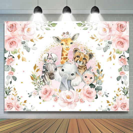 Lofaris Pink Floral And Safari Animals Baby Shower Backdrop