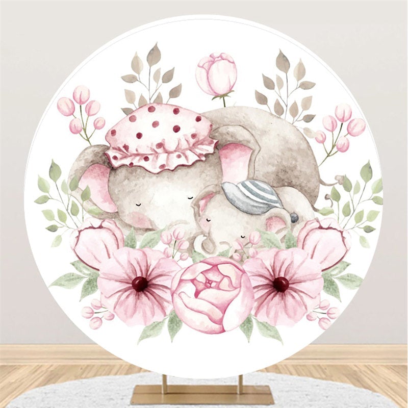 Lofaris Pink Floral And Sleepy Elephant Round Baby Shower Backdrop