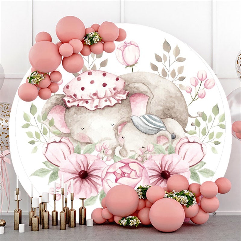 Lofaris Pink Floral And Sleepy Elephant Round Baby Shower Backdrop