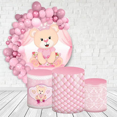 Lofaris Pink Floral And Teddy Bear Round Baby Shower Backdrop Kit