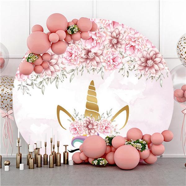 Lofaris Pink Floral And Unicorn Circle Baby Shower Backdrop