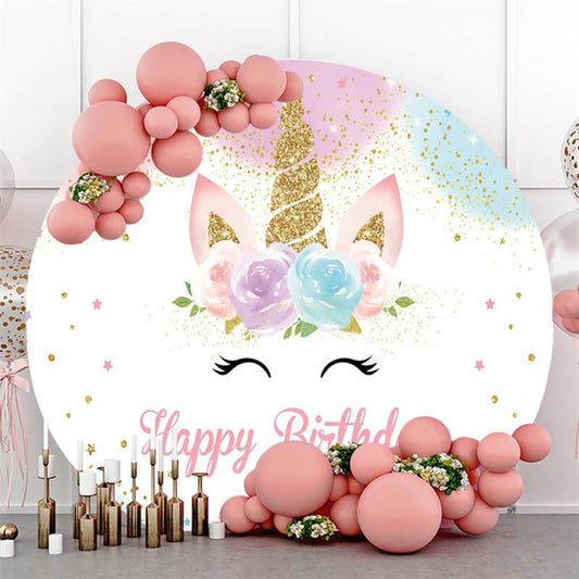 Lofaris Pink Floral And Unicorn Happy Birthday Round Backdrop