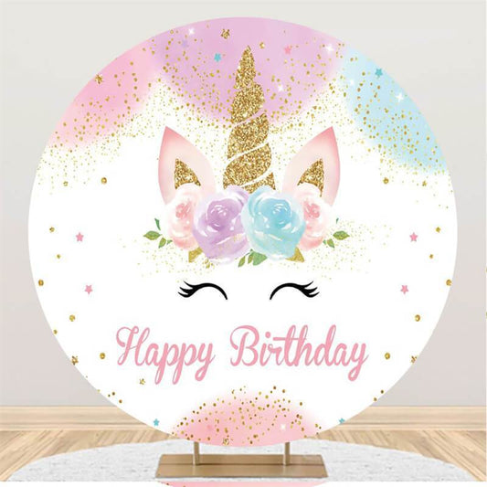 Lofaris Pink Floral And Unicorn Happy Birthday Round Backdrop