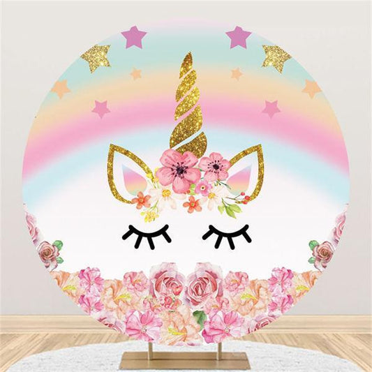 Lofaris Pink Floral And Unicorn Round Baby Shower Backdrop