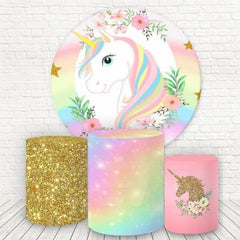 Lofaris Pink Floral And Unicorn Round Birthday Backdrop Kit